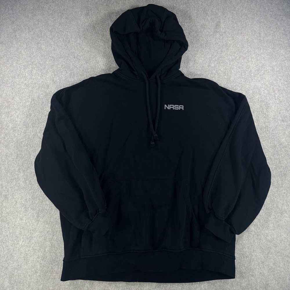 NASA Mens Black Pullover Hoodie Discovery Spacelab Graphic Back Fits Like XL